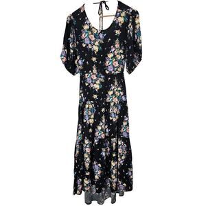 O'Neill Alta Dress Womens Size Medium Black Floral Open Back Boho Cottage Midi